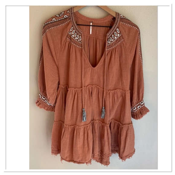Free People Tops - Free People Dreamweaver Embroidered Tunic Peasant Top Orange Brown Size Medium